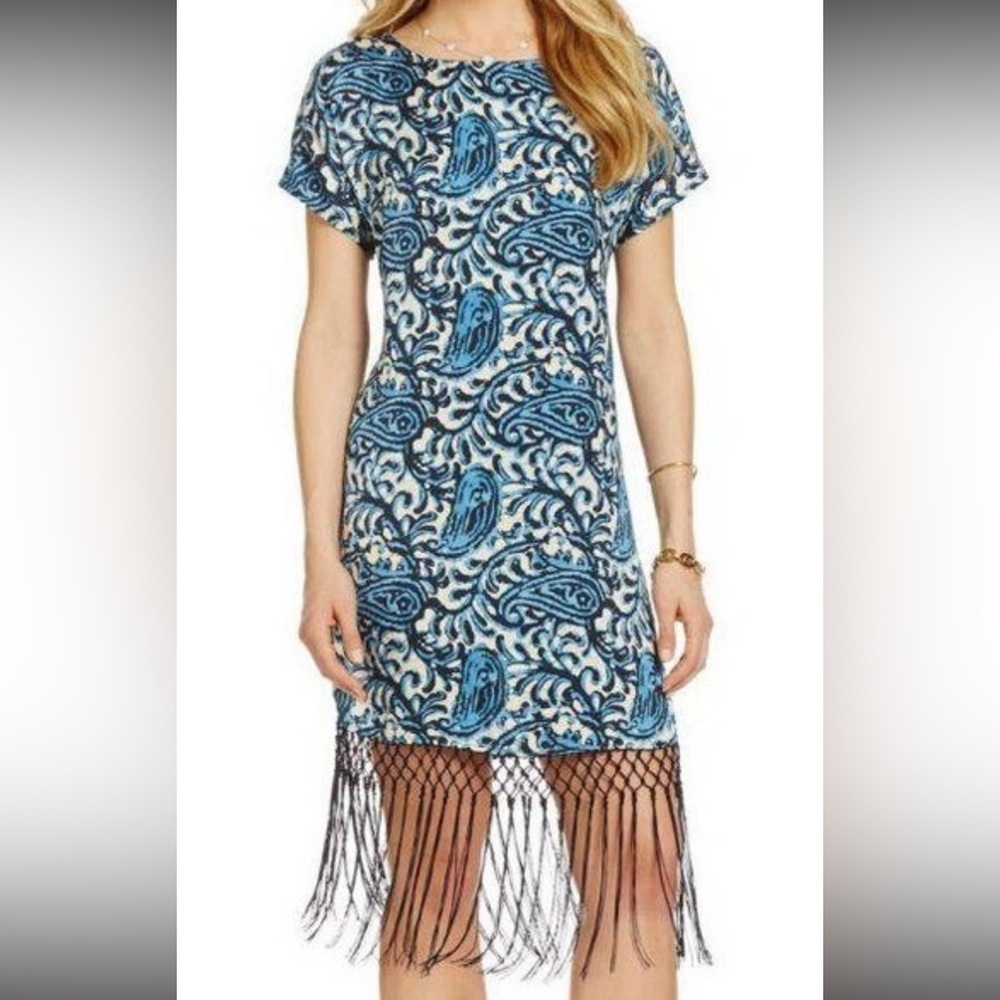 Michael Kors Heritage Blue & White Paisley Midi Dress with Black Fringe-Size M